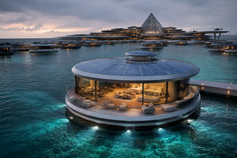 Modern luxury floating hotel villa anchored in coastal waters at dusk